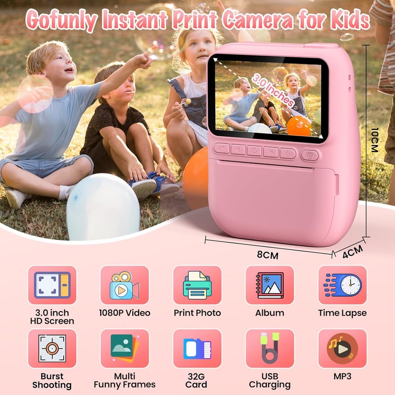 Gofunly Instant Print Camera for Kids, 3.0" HD 32MP Kids Camera 1080P with 3 Rolls of Printer Paper, Birthday Gifts Toy for 3-12 Year Old Girls Boys with 32GB SD Card-Pink - Image 3